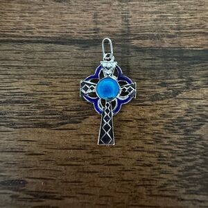 New Vintage Sterling Silver Enamel Cross Pendant | Blue Enamel | Celtic Style